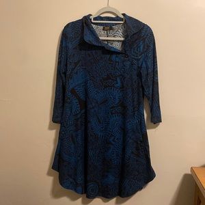 Black and Blue Winter Dress With Asymmetrical Collar